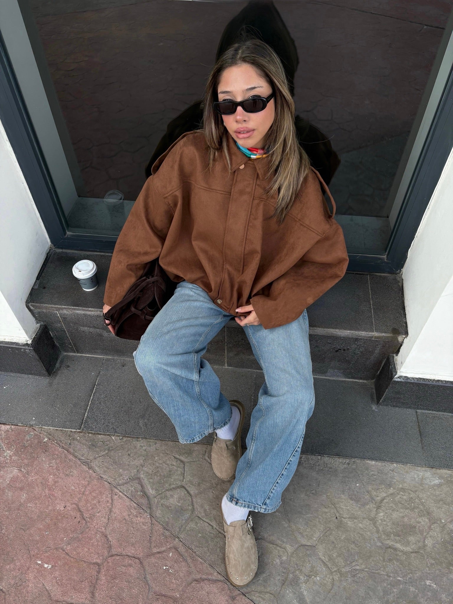 Süet Dokulu Fermuarlı Bomber Ceket