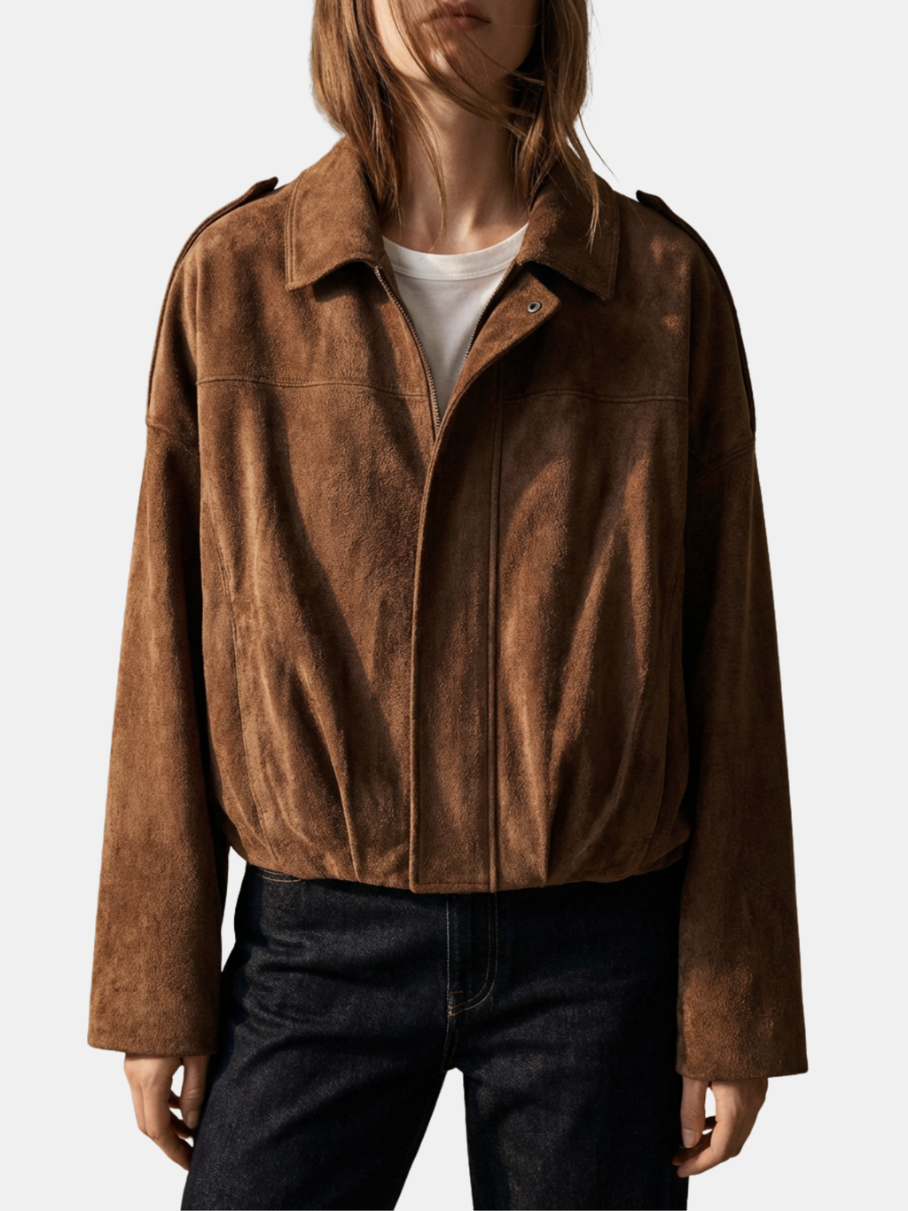 Süet Dokulu Fermuarlı Bomber Ceket