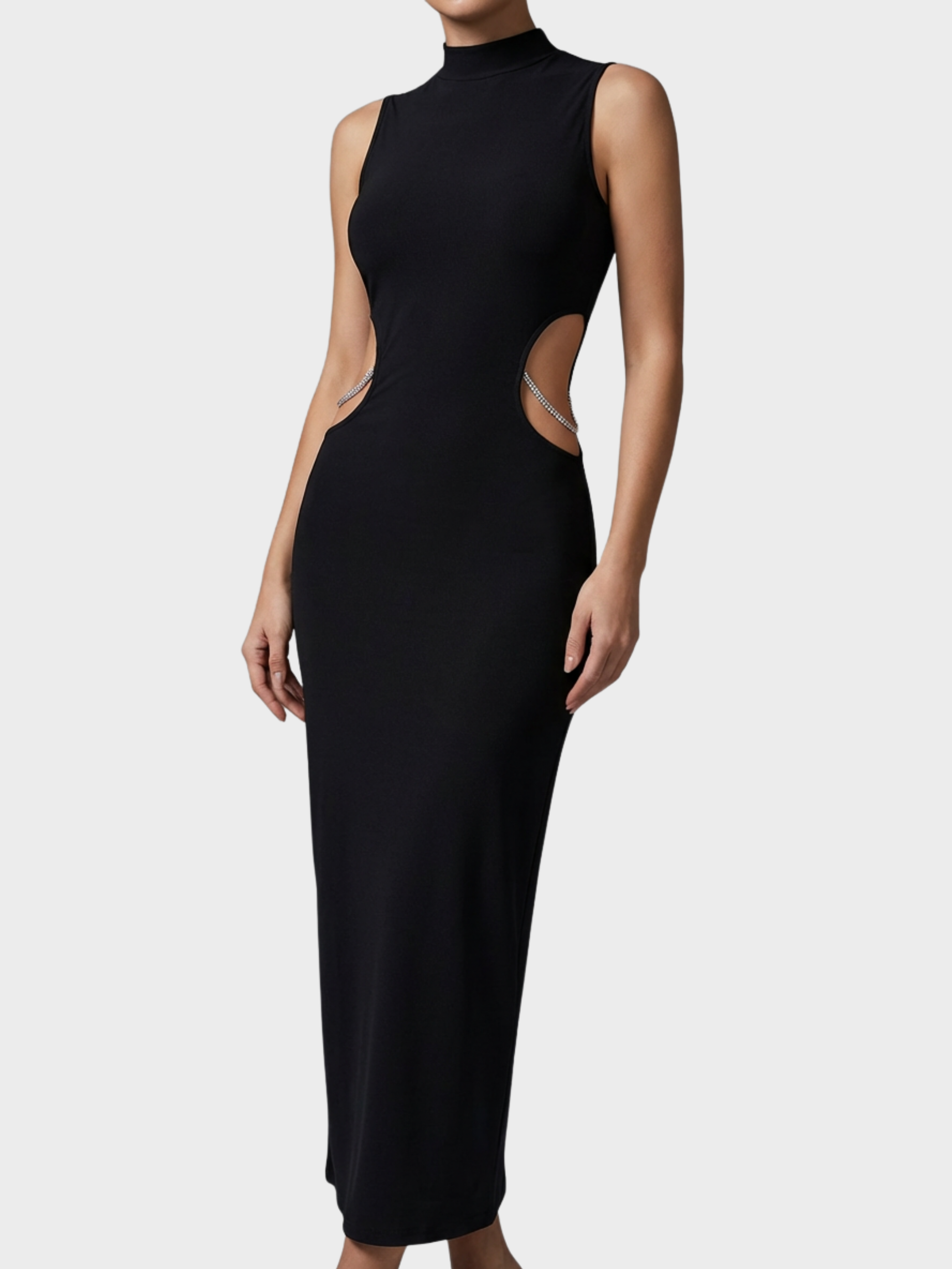 Cut-Out Taş Detaylı Midi Elbise