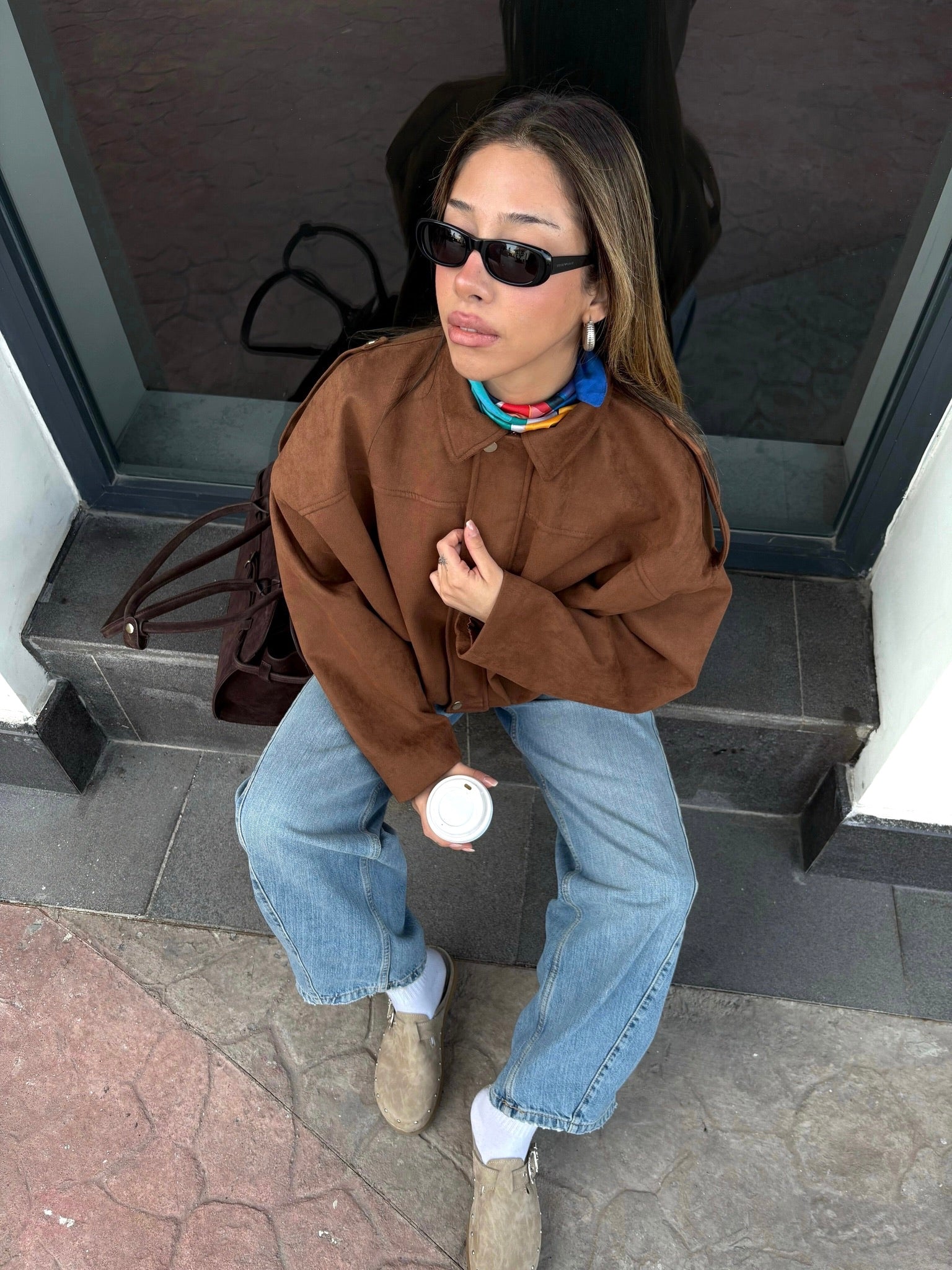 Süet Dokulu Fermuarlı Bomber Ceket