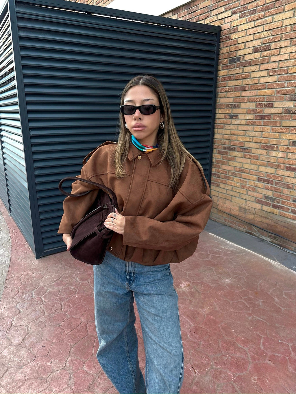 Süet Dokulu Fermuarlı Bomber Ceket