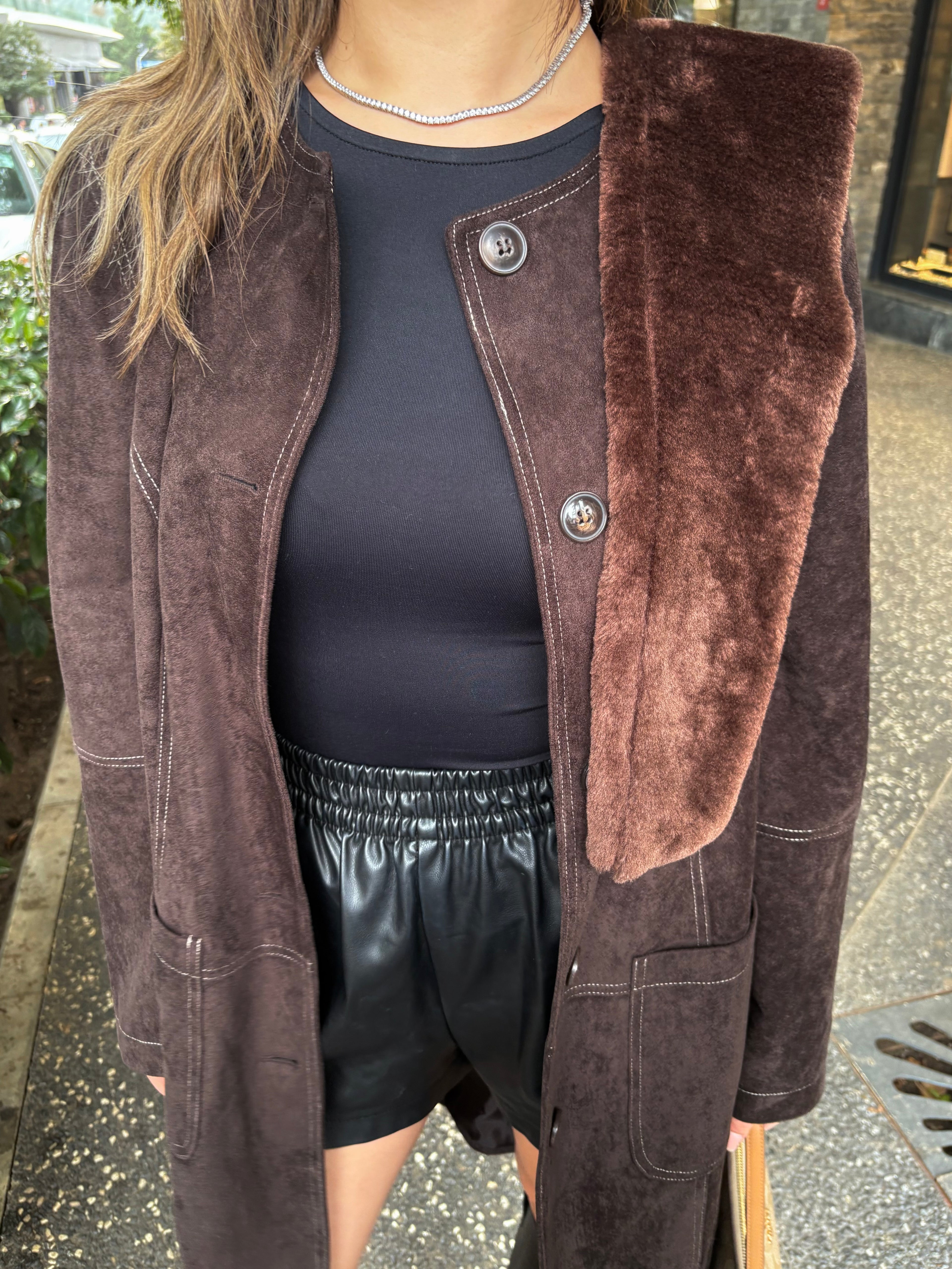 Güderi Dokulu Trençkot ve Suni Kürk Şal